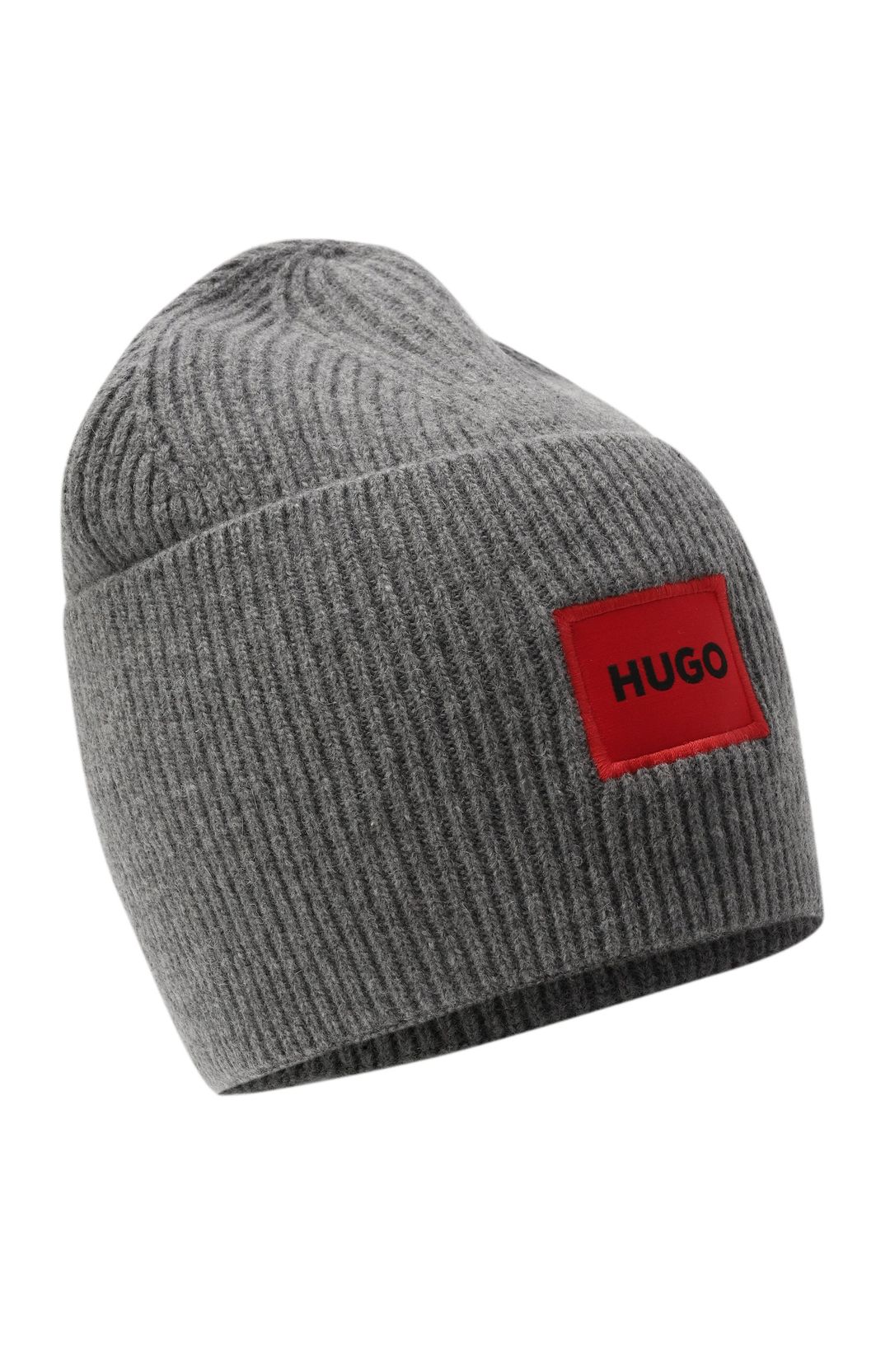Žebrovaná čepice s červeným logovaným štítkem - Medium Grey