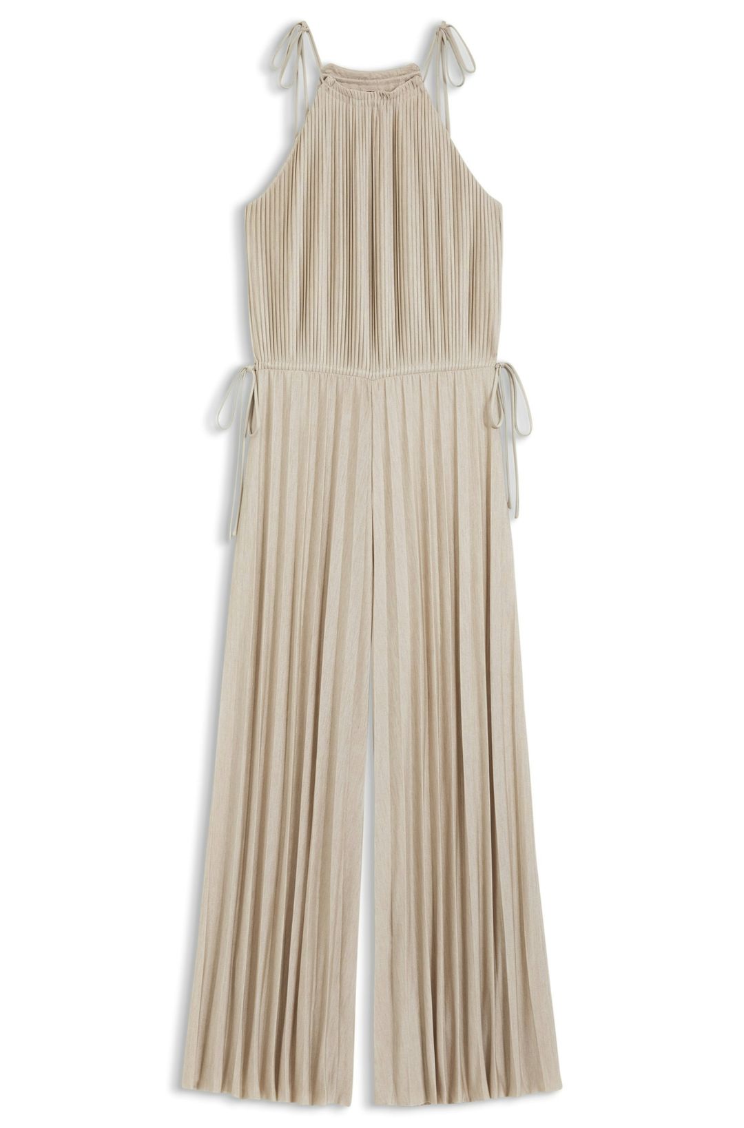 Overal s výstřihem do V z lesklého žerzeje s plisovanými záhyby - Light Beige