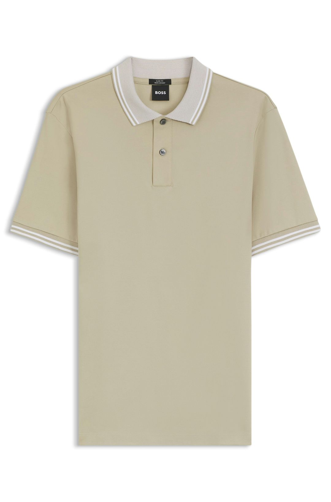 Polotričko slim fit z mercerizované bavlny s pruhovanými lemy - Open Beige