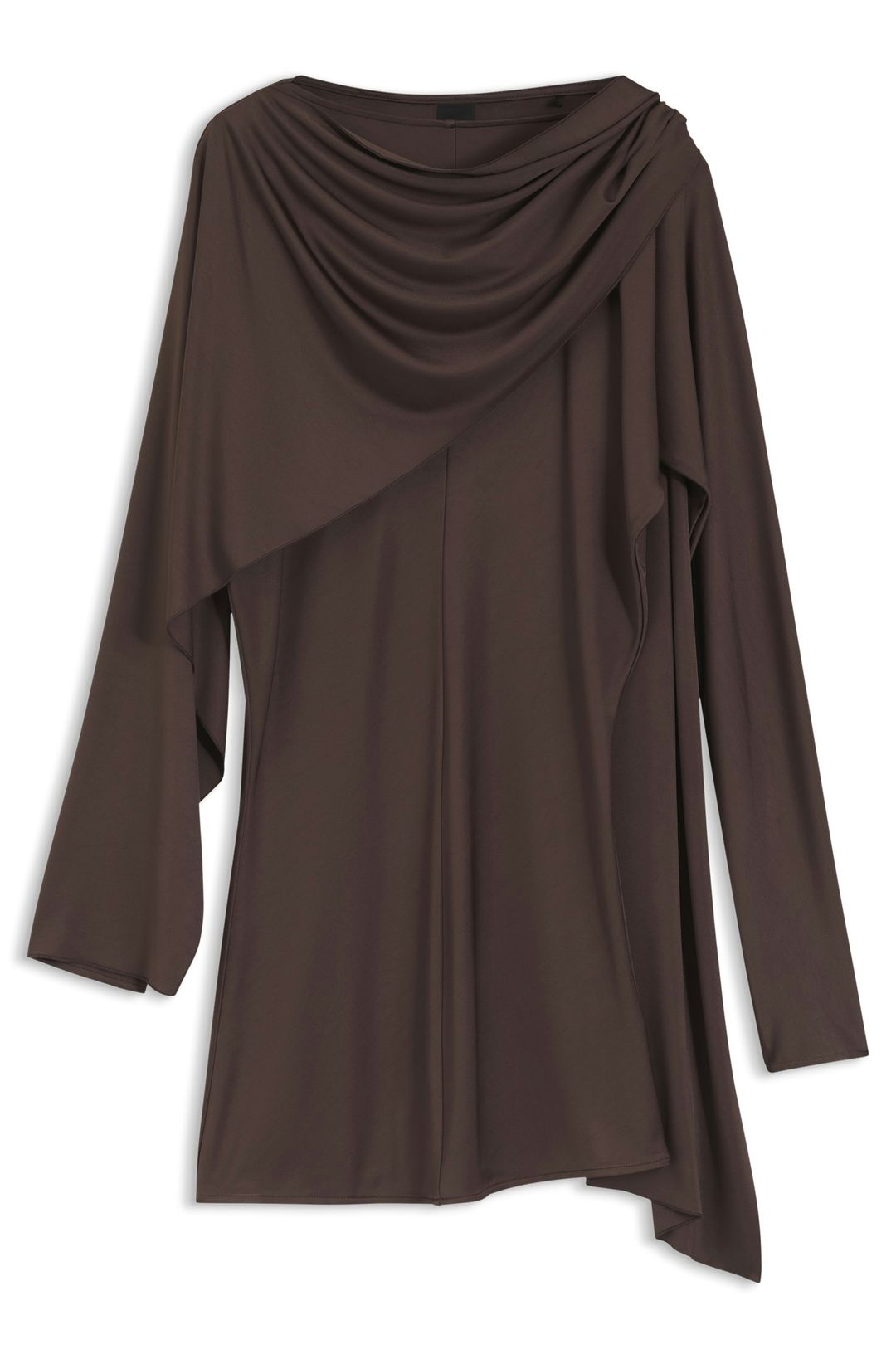Top s dlouhým rukávem z nařaseného žerzeje s detailem šály - Dark Brown