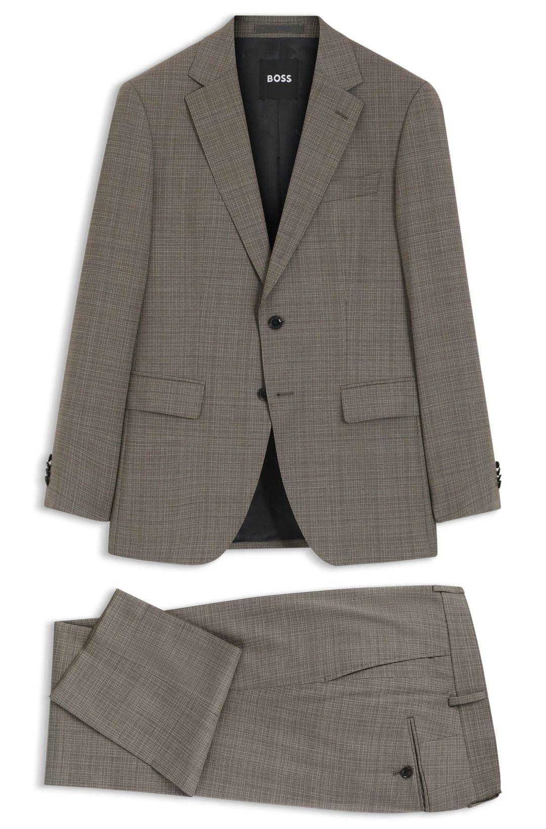 Dvoudílný slim fit oblek z kostkované strečové vlny - Dark Beige