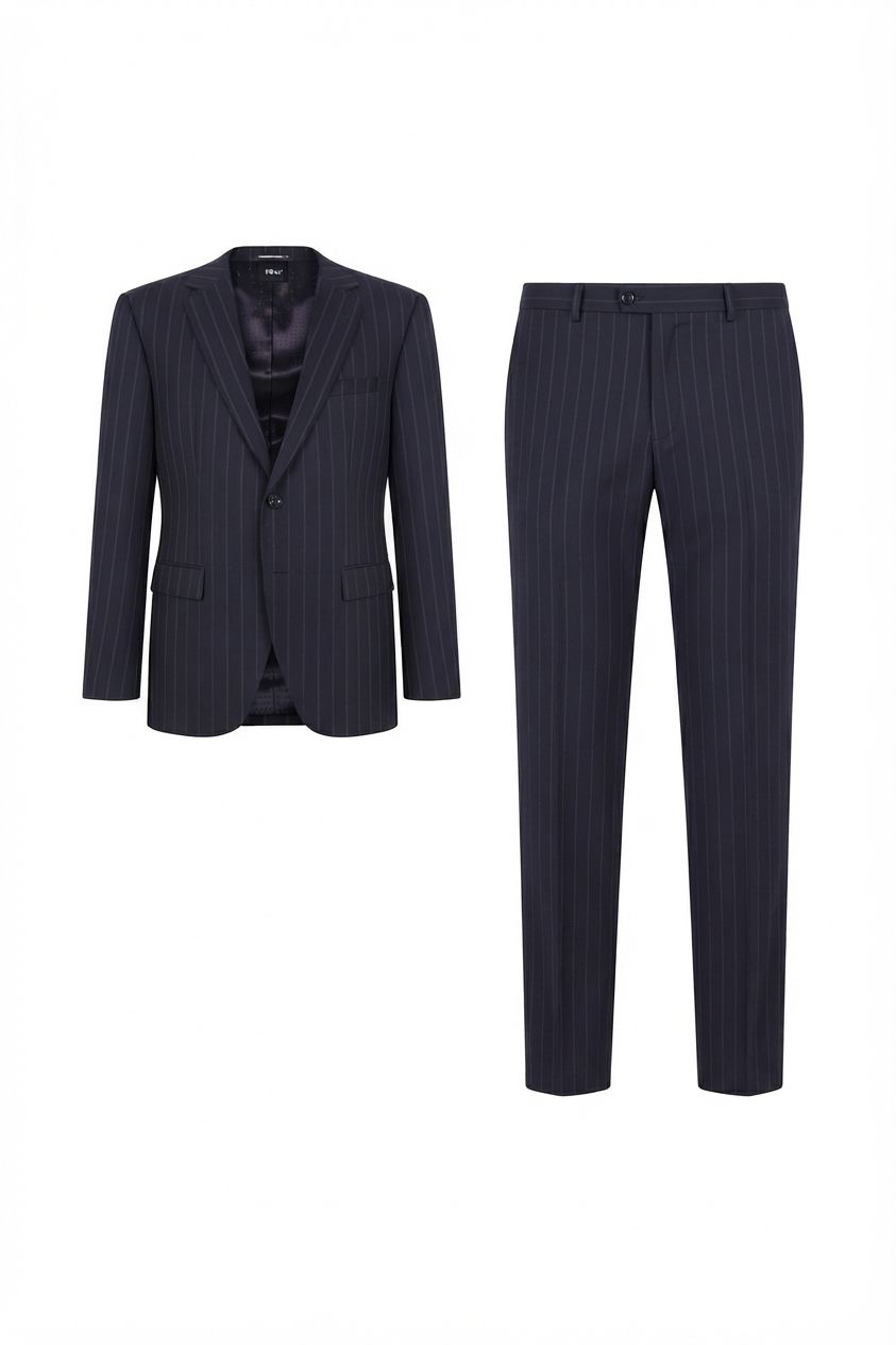 Dvoudílný oblek regular střihu z pruhované panenské vlny - Dark Blue