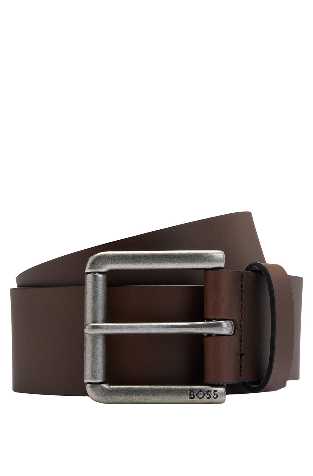 Hladký kožený opasek s rolovací sponou s vyrytým logem - Dark Brown