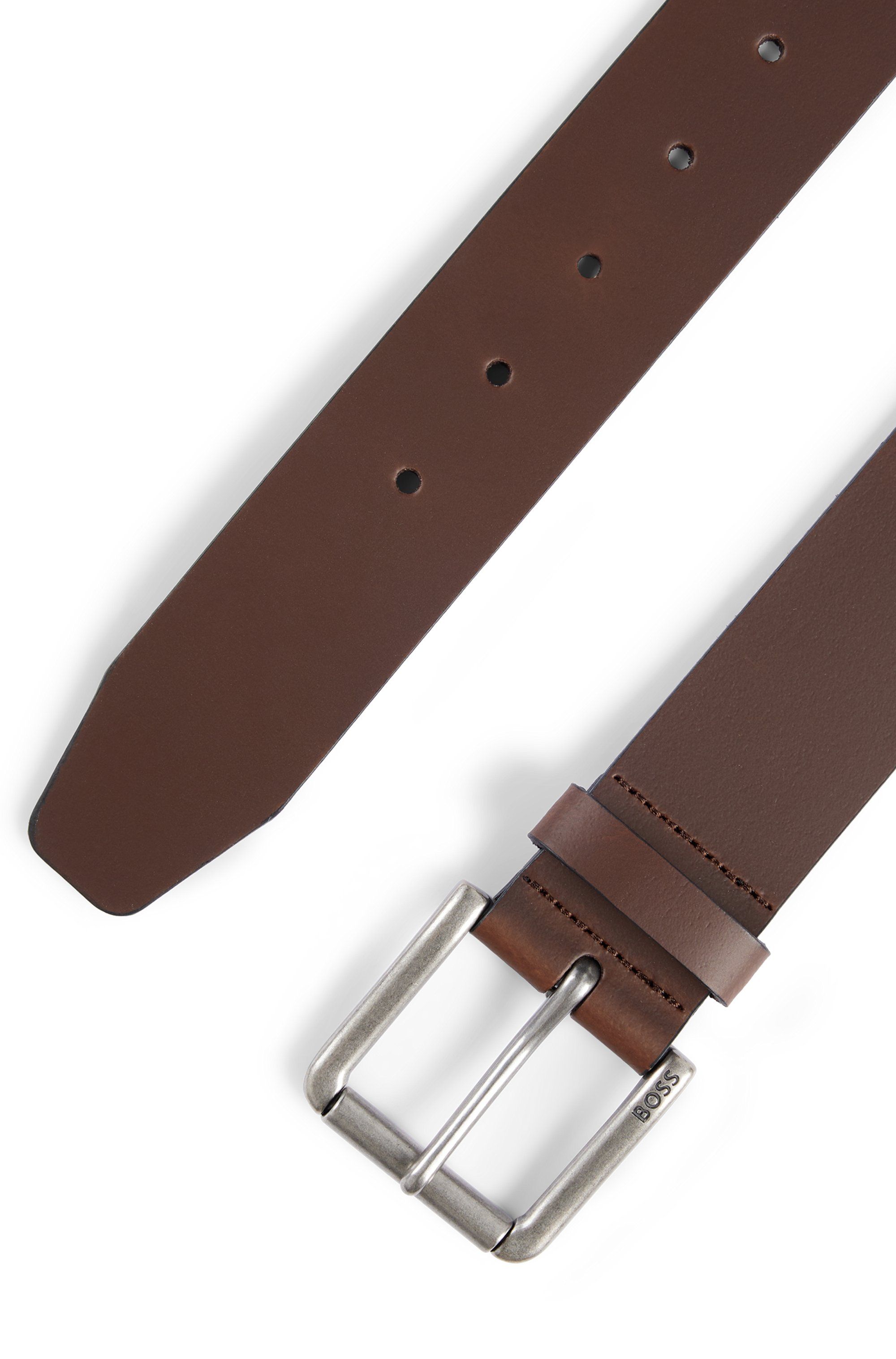 Hladký kožený opasek s rolovací sponou s vyrytým logem - Dark Brown