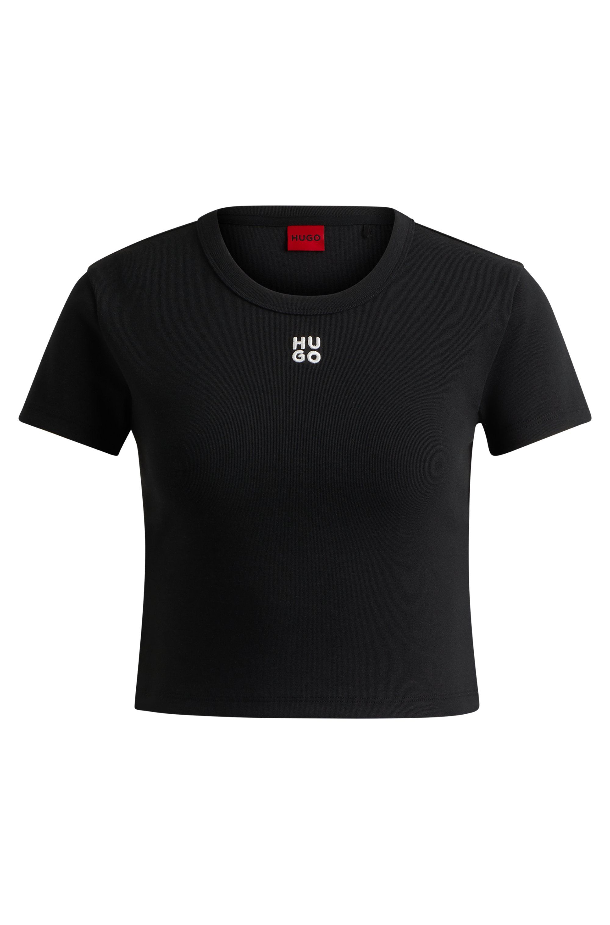 Tričko slim fit z bavlněné směsi s vyšívaným logem - Black