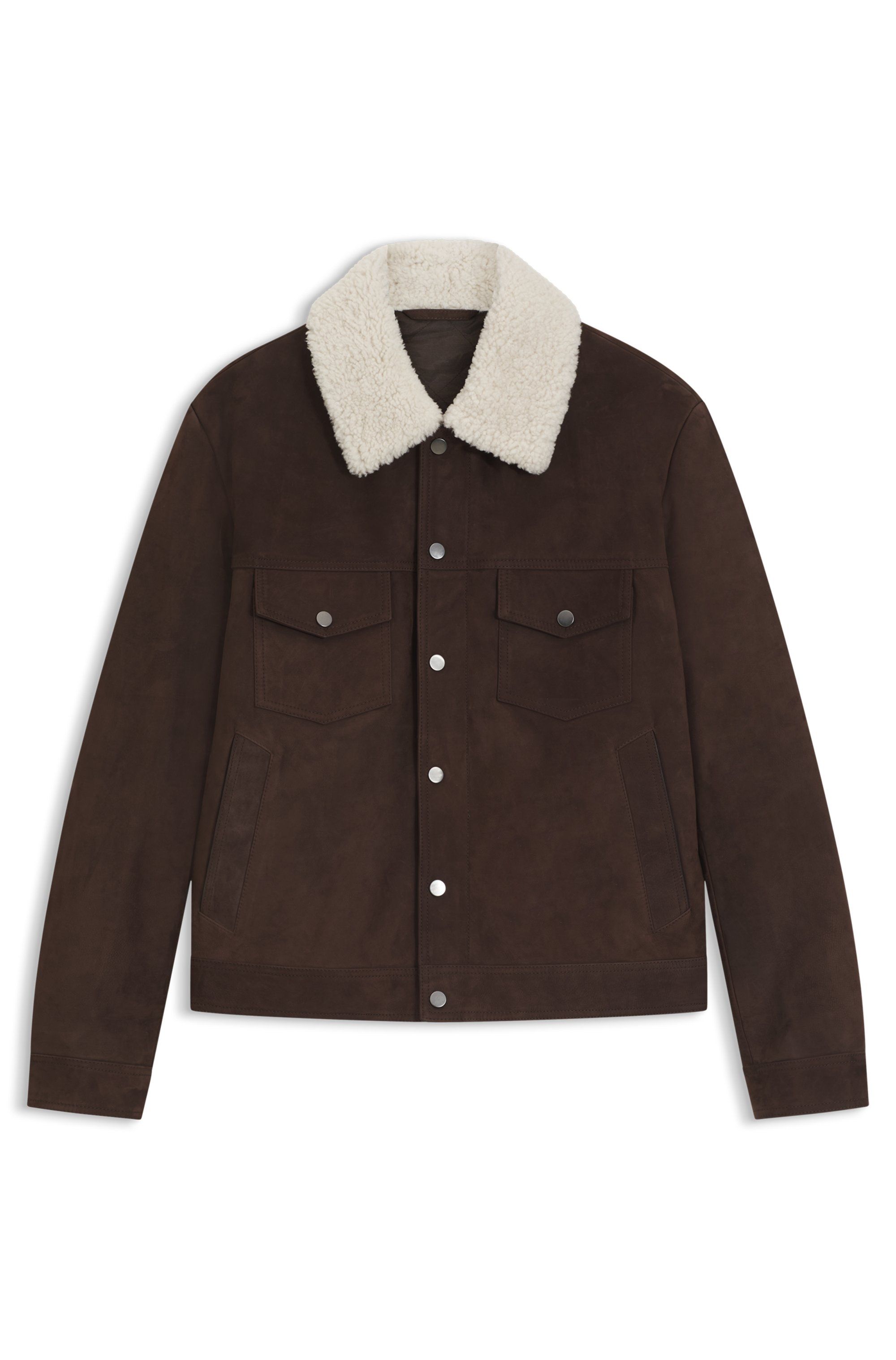 Kožená bunda BECKHAM x BOSS s kožešinovým límcem - Open Brown