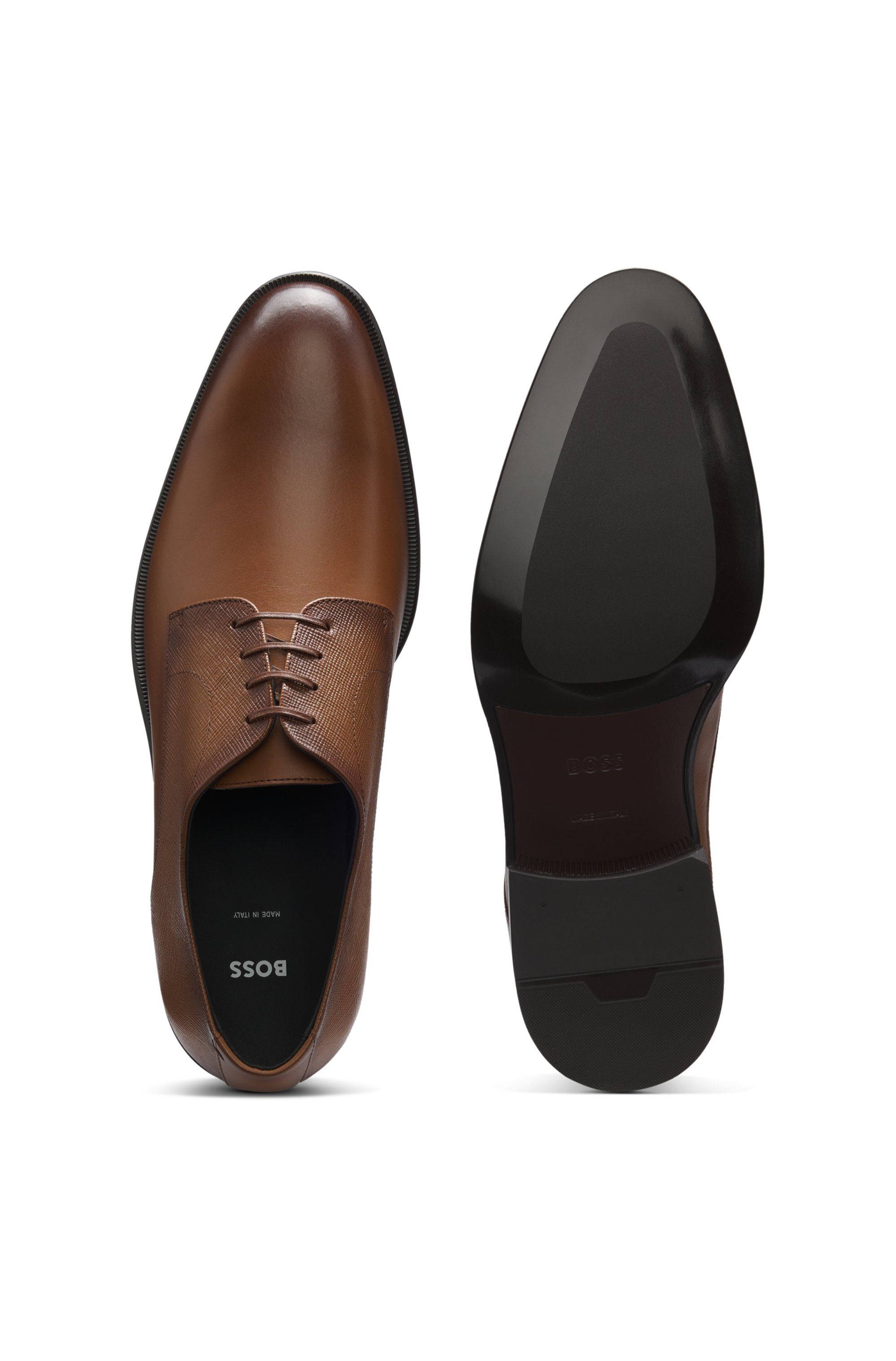 Derby boty z hladké a texturované kůže - Medium Brown