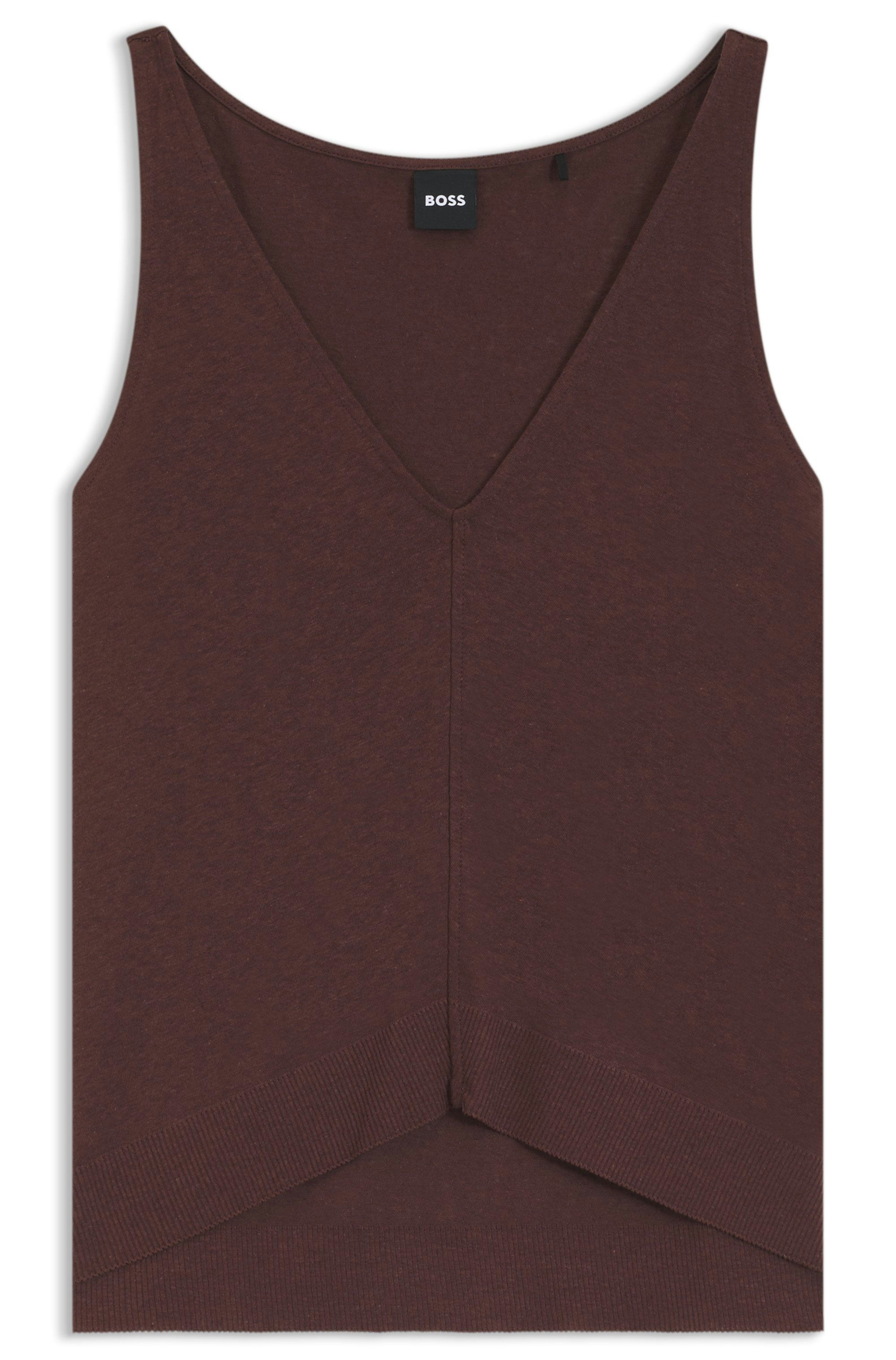 Top s výstřihem do V z bavlny a lnu - Dark Brown