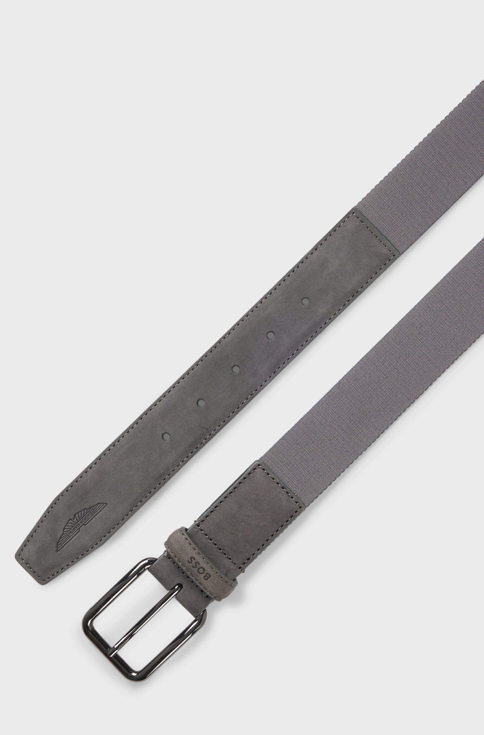 Pásek BOSS x ASTON MARTIN z nubukové kůže s popruhem - Medium Grey