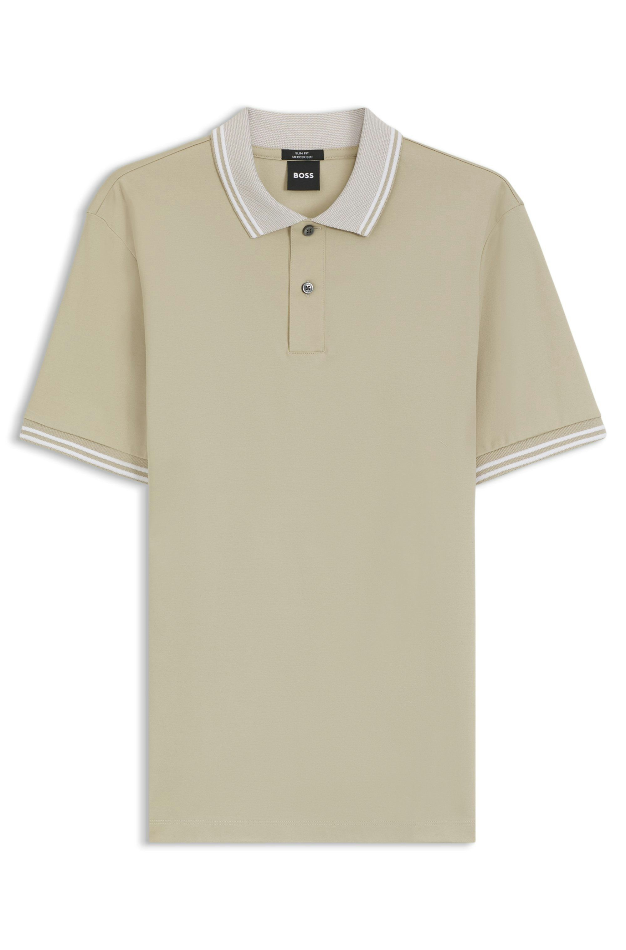Polotričko slim fit z mercerizované bavlny s pruhovanými lemy - Open Beige