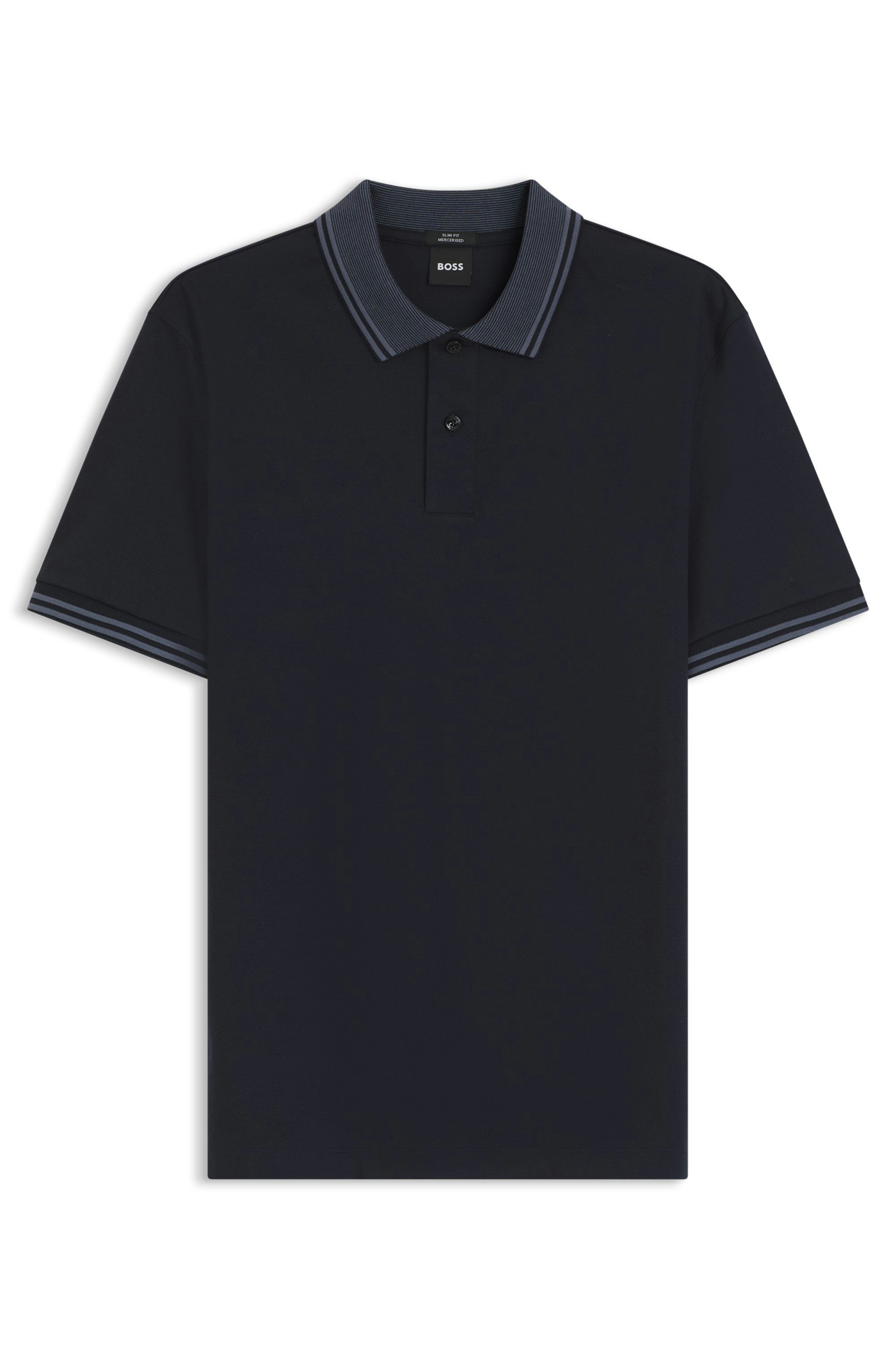 Polotričko slim fit z mercerizované bavlny s pruhovanými lemy - Dark Blue