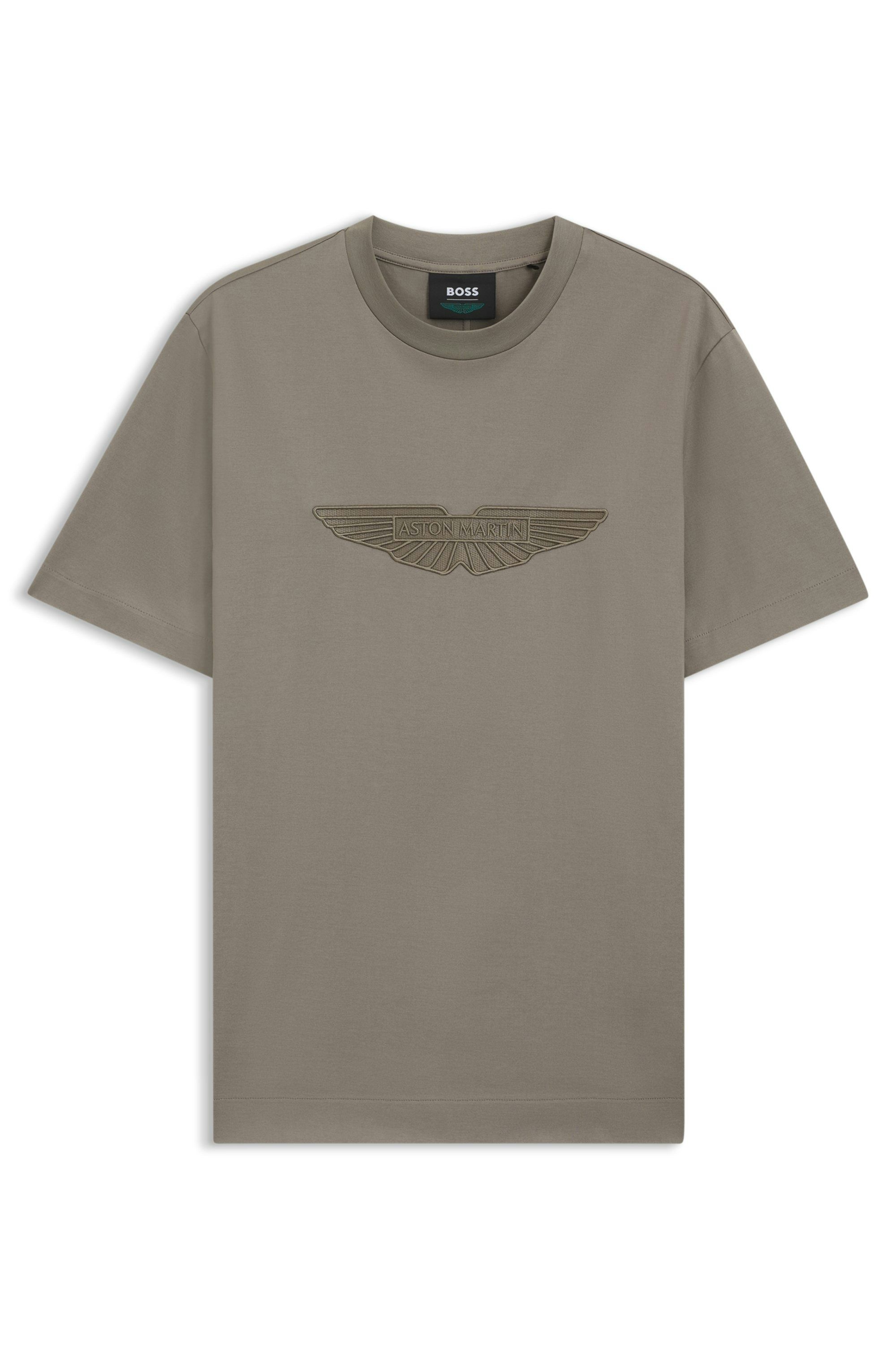 Tričko BOSS x ASTON MARTIN z mercerizované bavlny s vyšívanými křídly - Open Grey