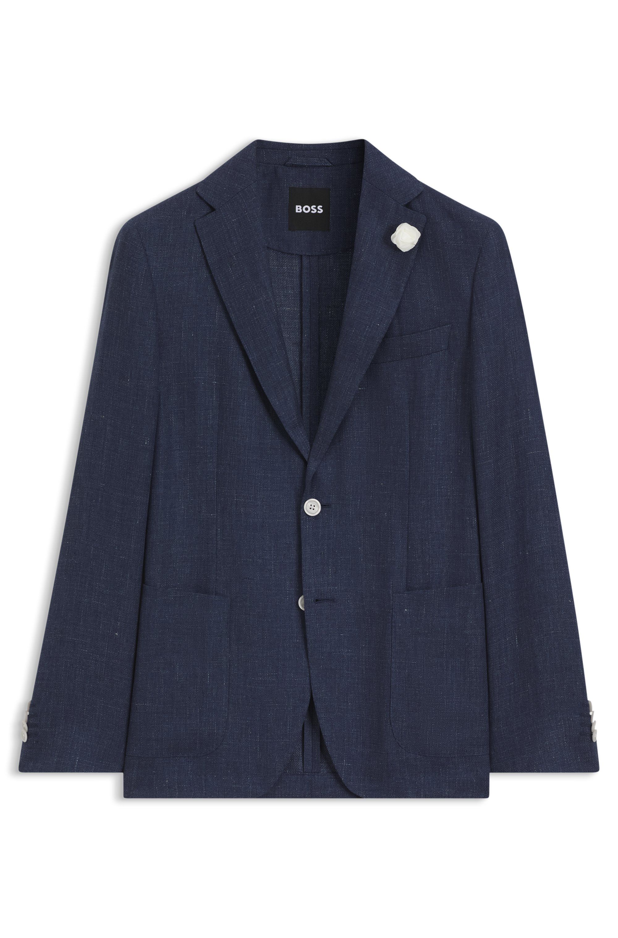 Slim fit sako z lněné směsi s mikrovzorem - Open Blue
