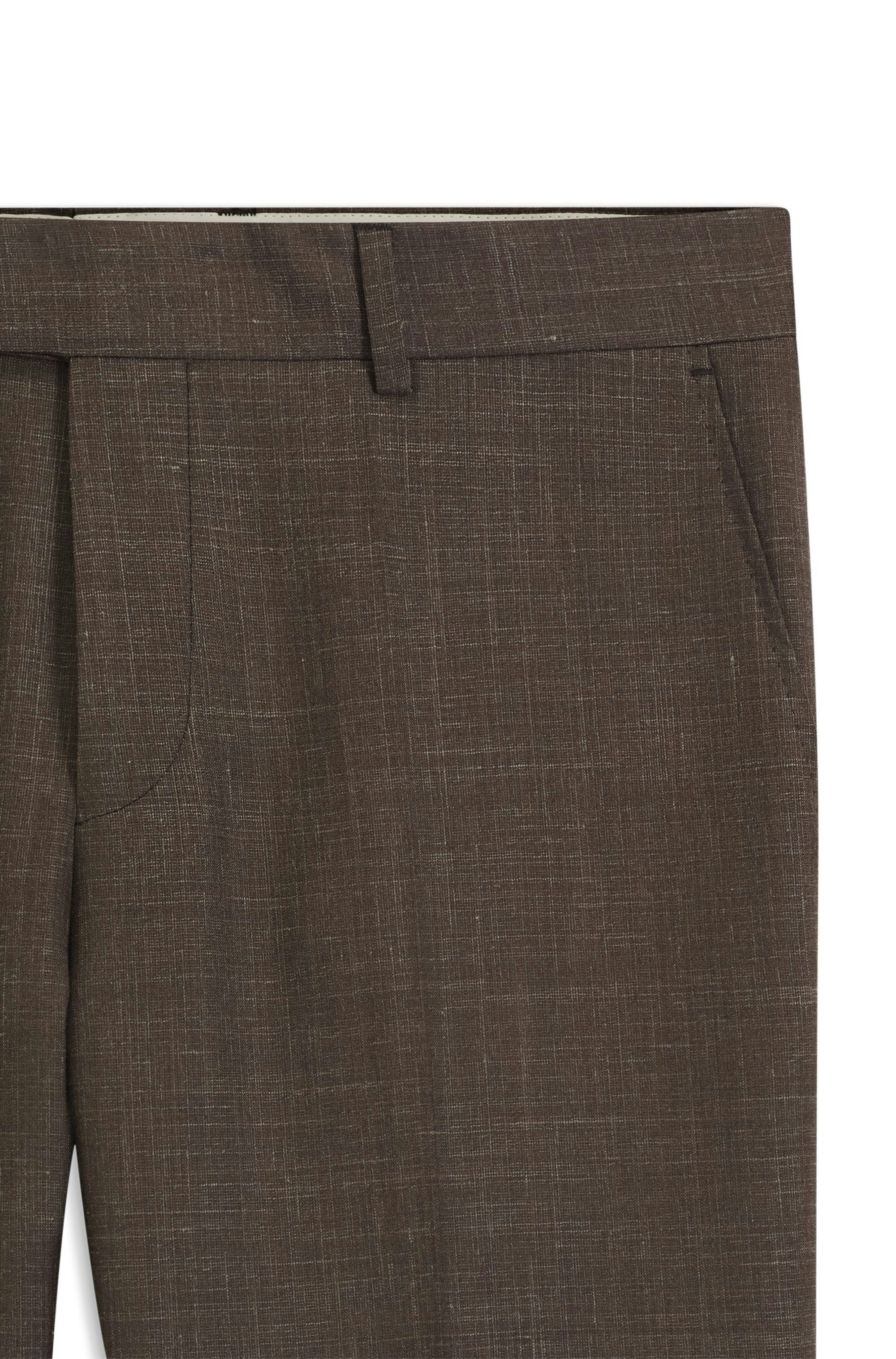Úzké kostýmové kalhoty z vlny, hedvábí a lnu - Dark Brown
