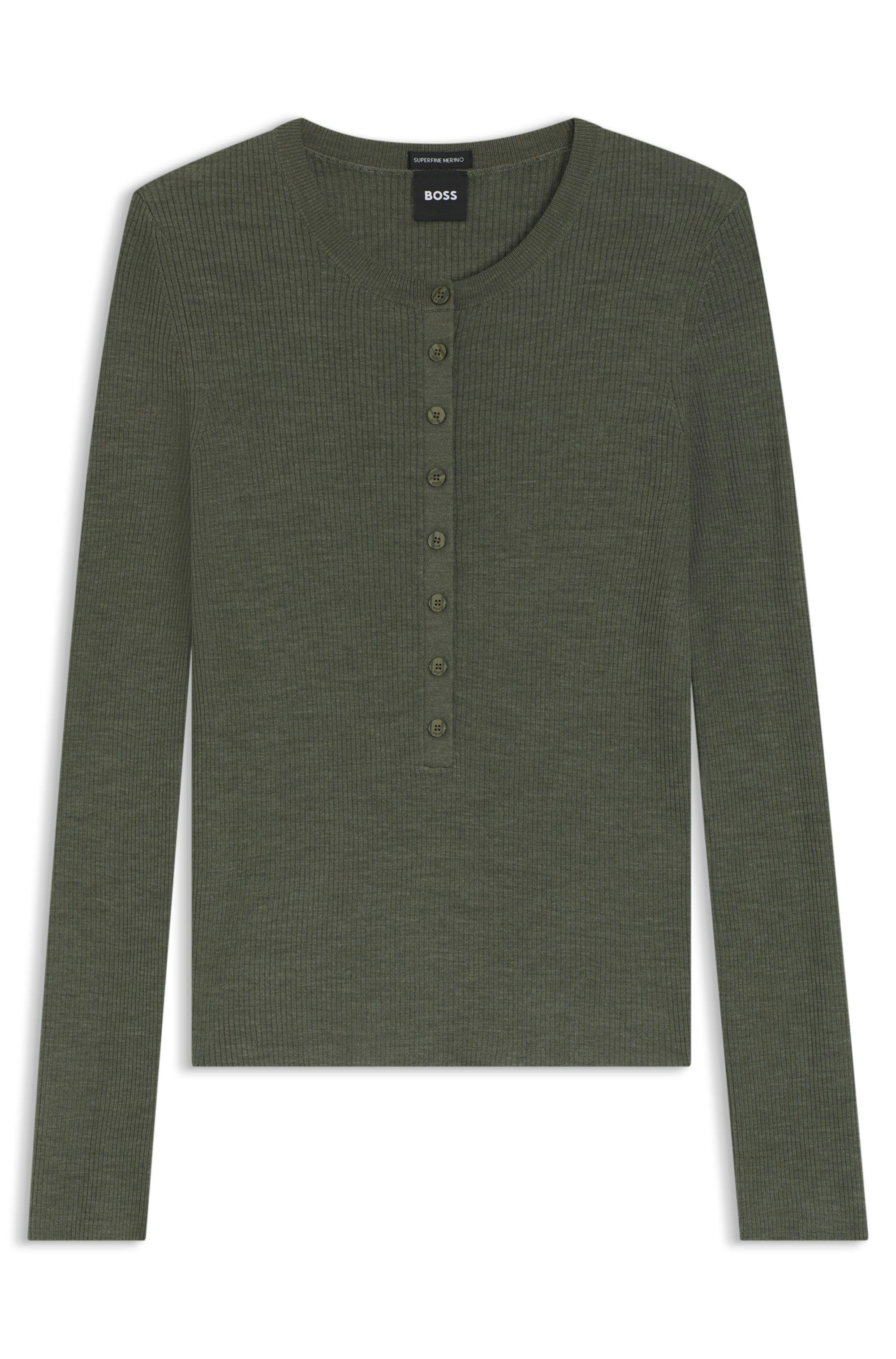 Svetr z merino vlny s henley výstřihem - Dark Green