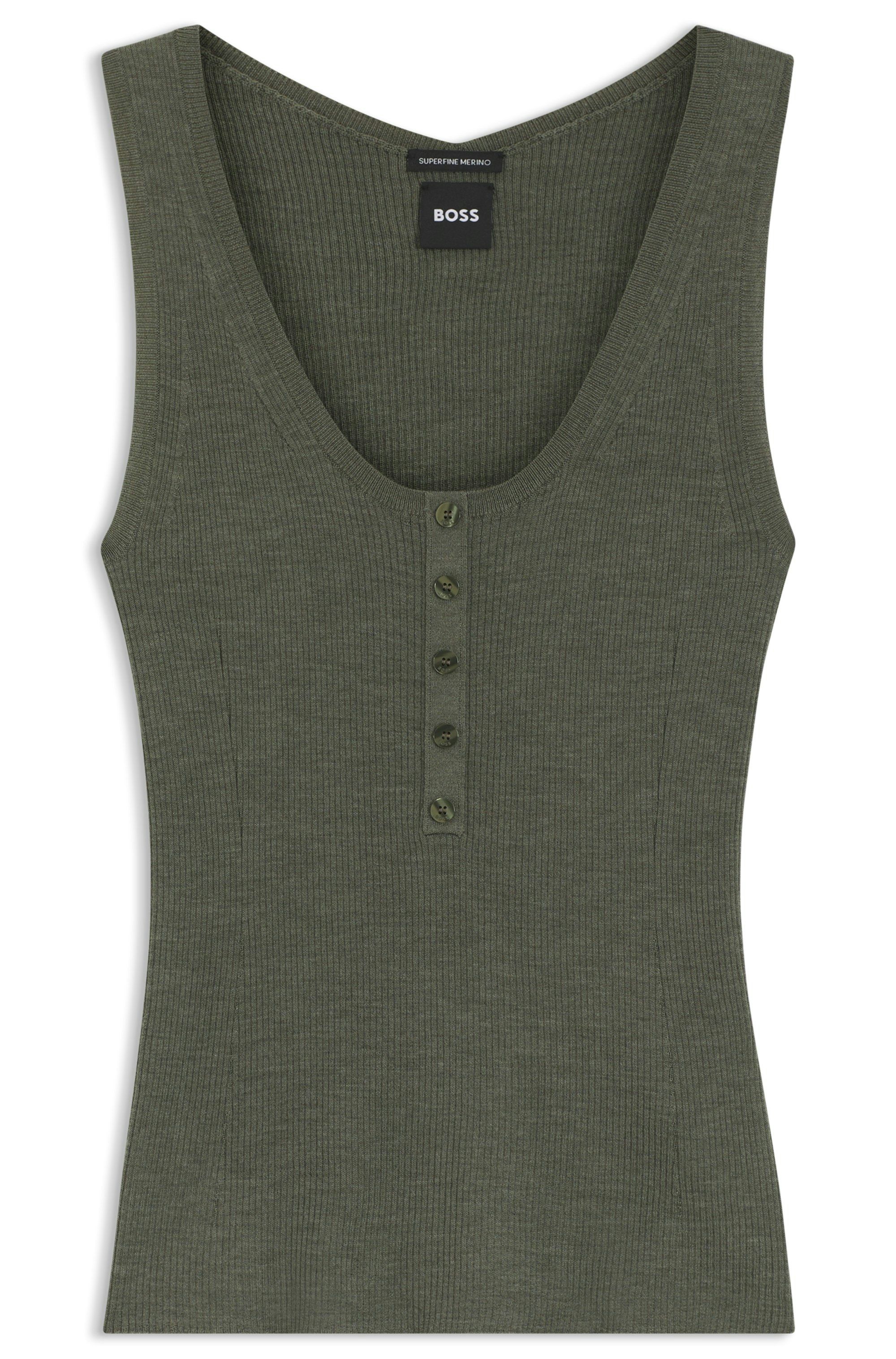 Top bez rukávů z žebrovaného úpletu merino vlny - Dark Green