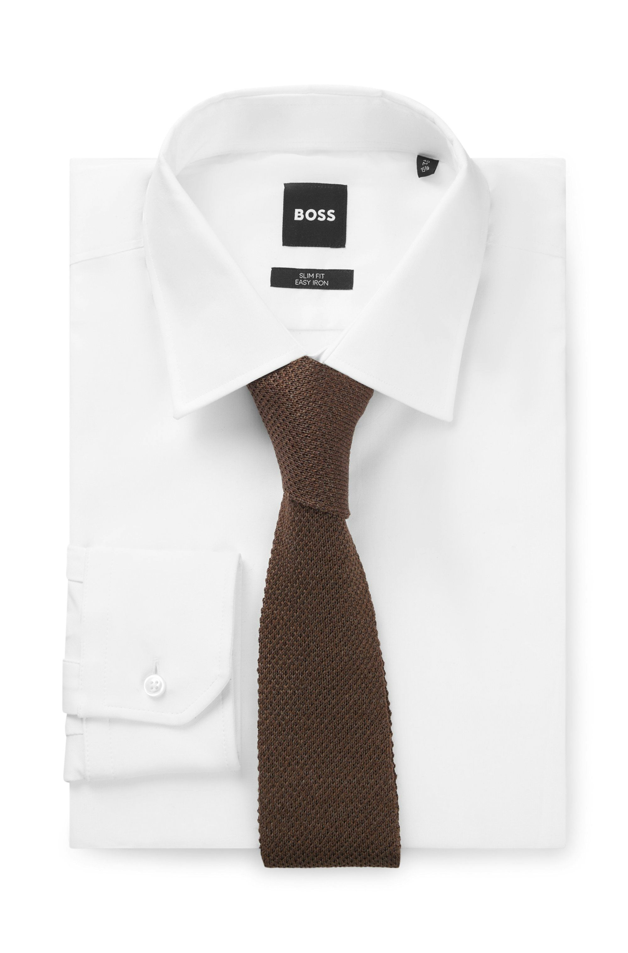 Kravata BOSS BY BECKHAM ze lnu a hedvábí tussah - Dark Brown