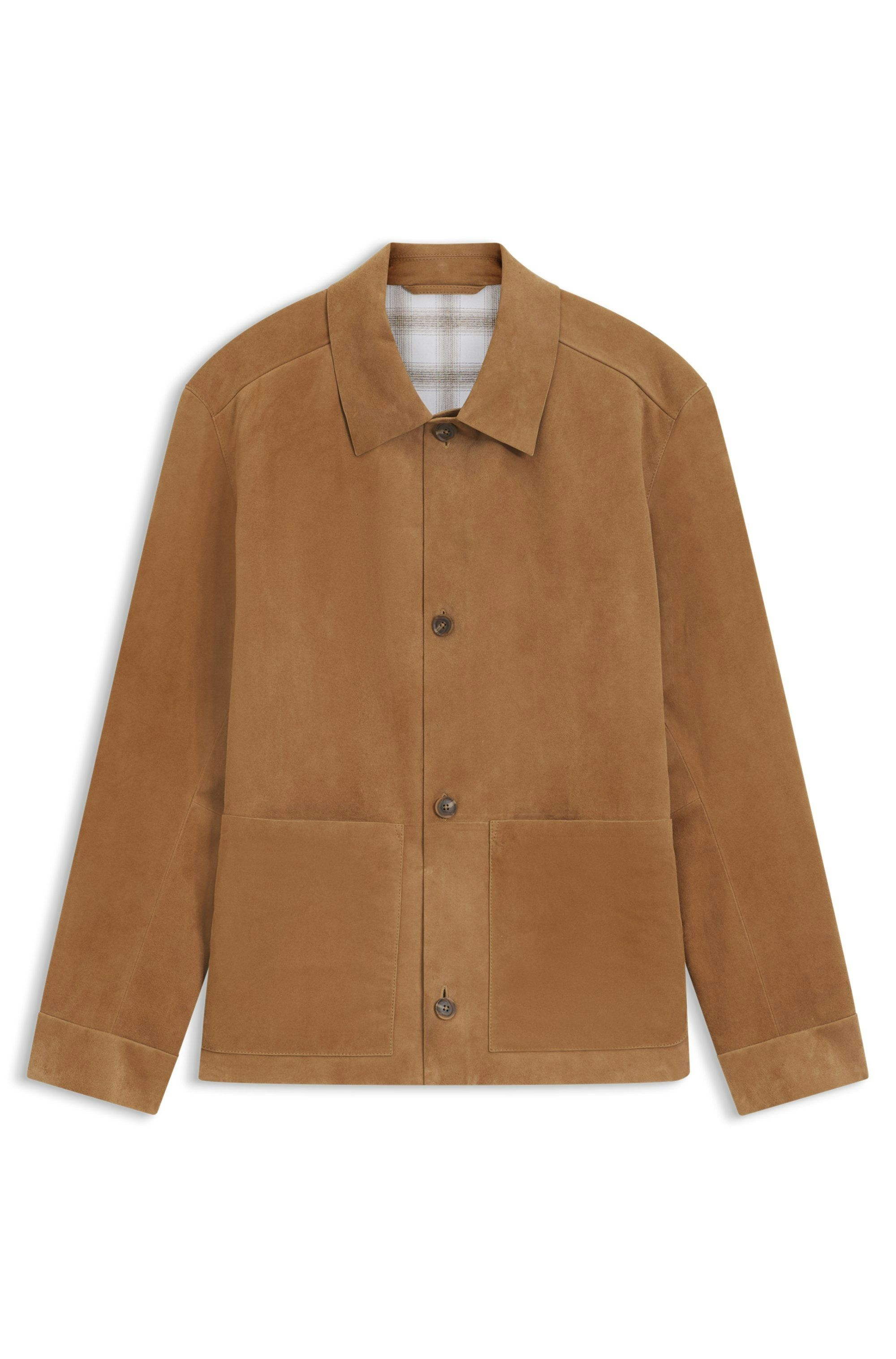 Semišová bunda na knoflíky s kostkovanou podšívkou - Medium Beige