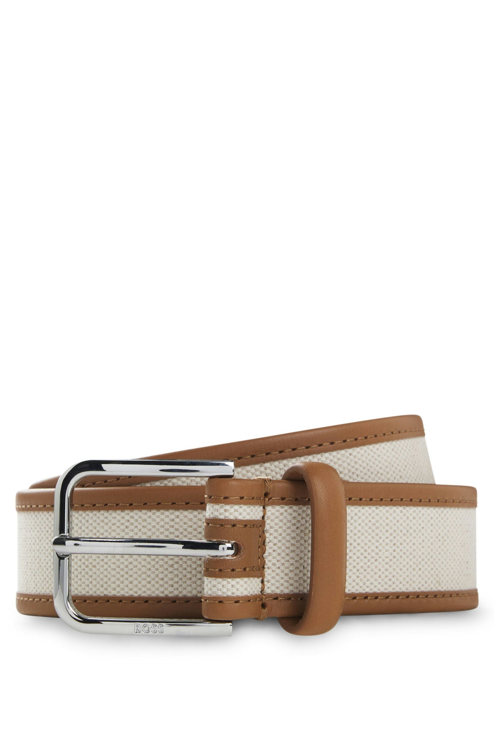 Pásek s přezkou z kůže a plátna - Light Beige