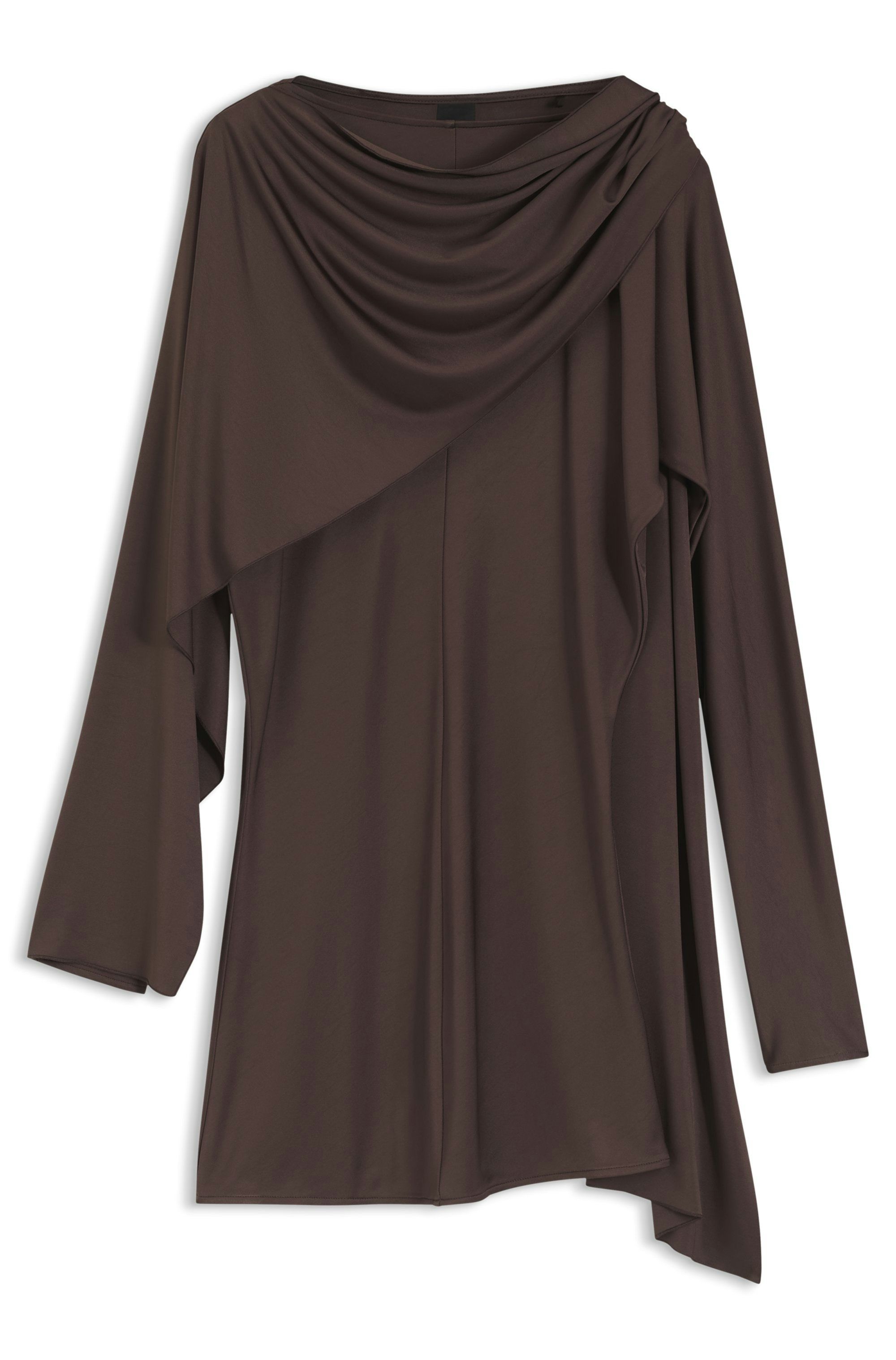 Top s dlouhým rukávem z nařaseného žerzeje s detailem šály - Dark Brown