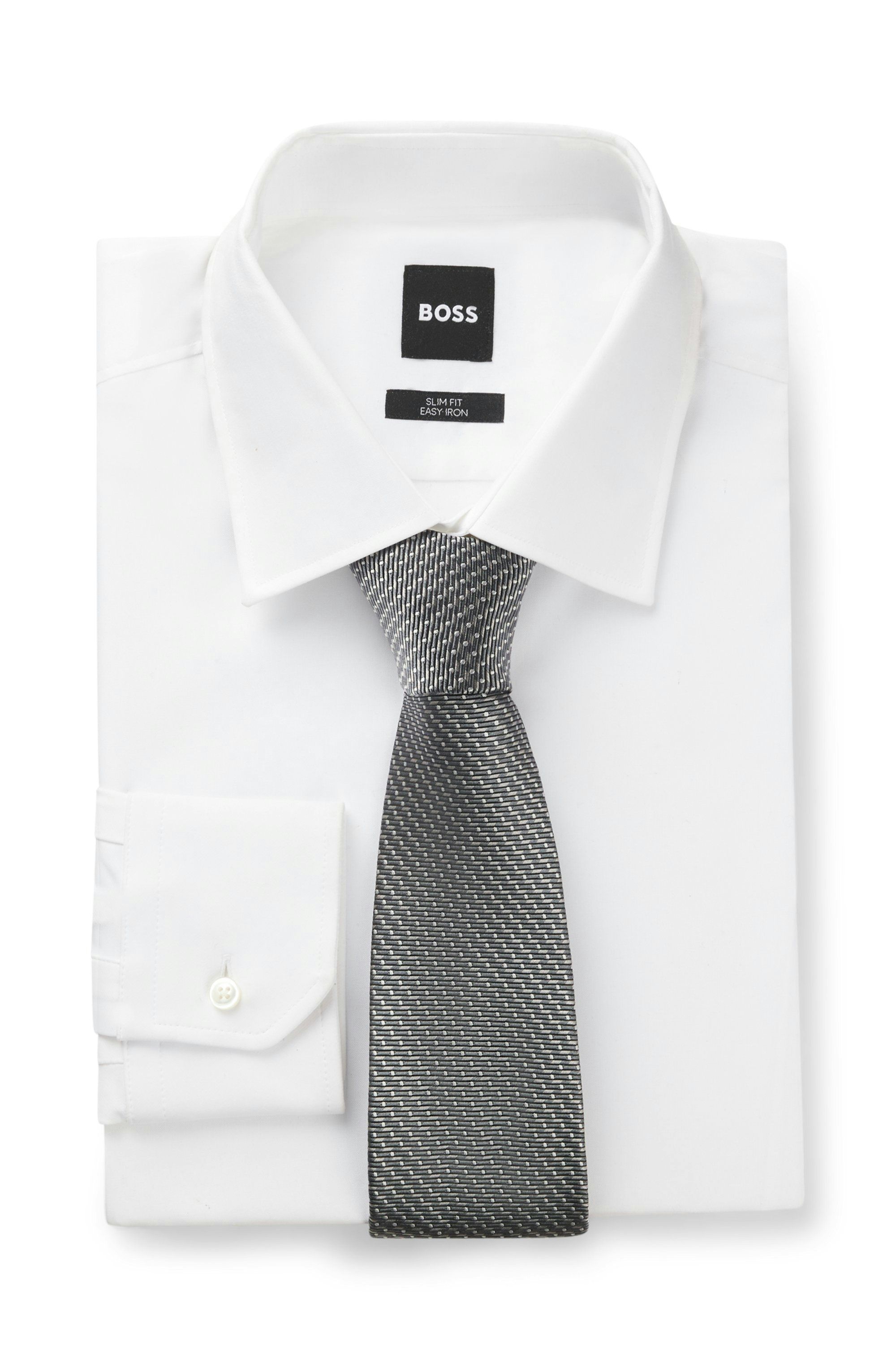 Hedvábná kravata BOSS ONE s žakárovým vzorem - Open Grey