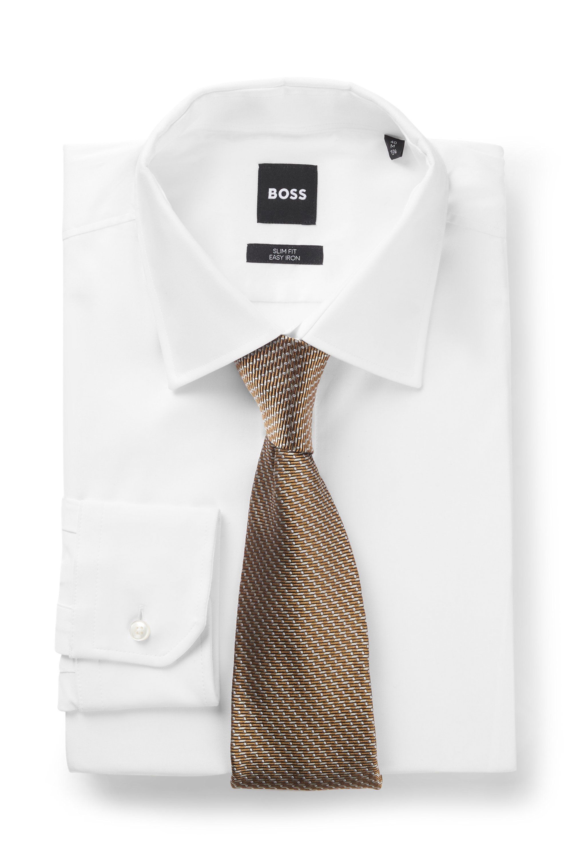 Hedvábná kravata BOSS ONE s žakárovým vzorem - Medium Beige