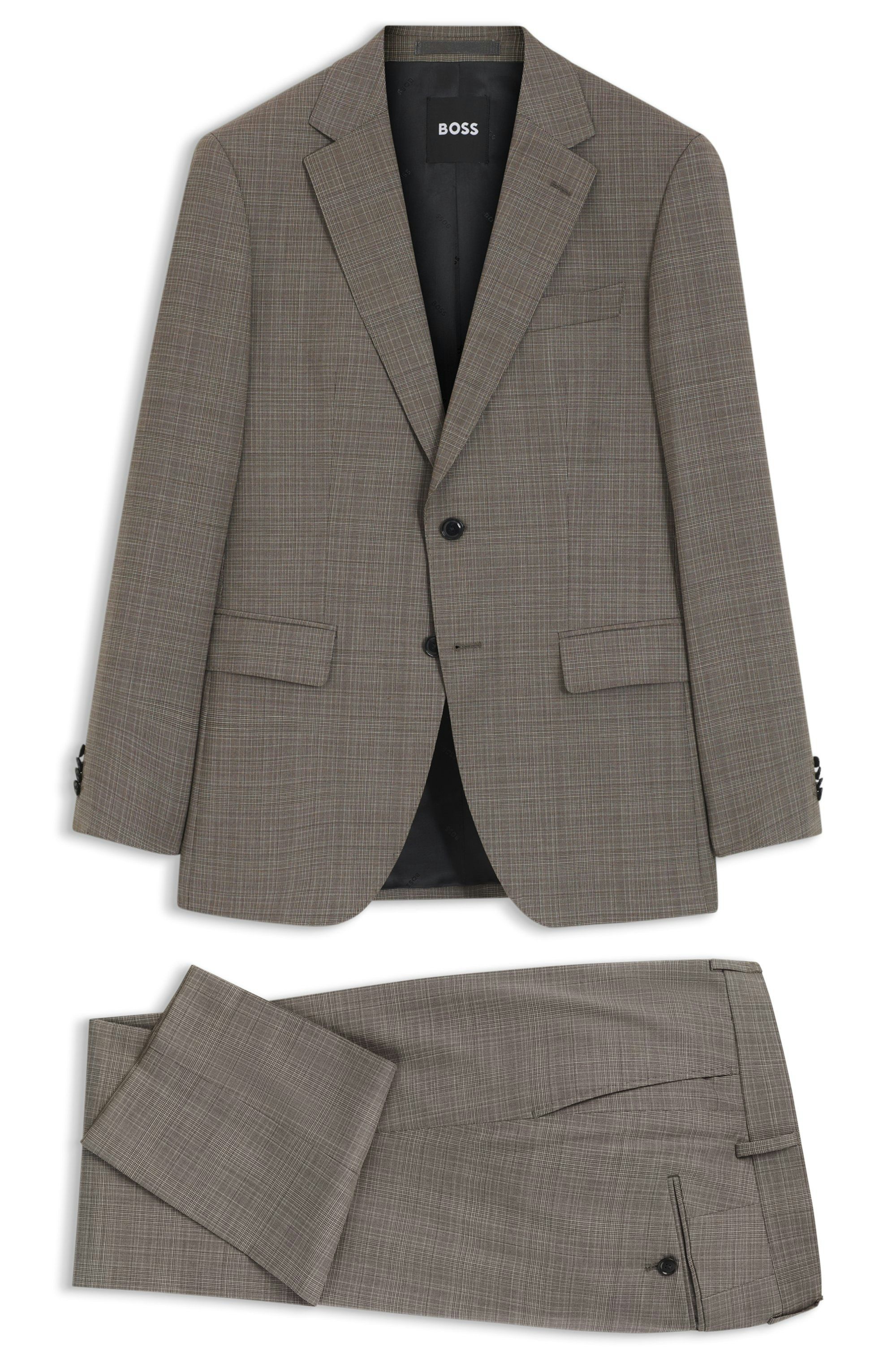 Dvoudílný slim fit oblek z kostkované strečové vlny - Dark Beige