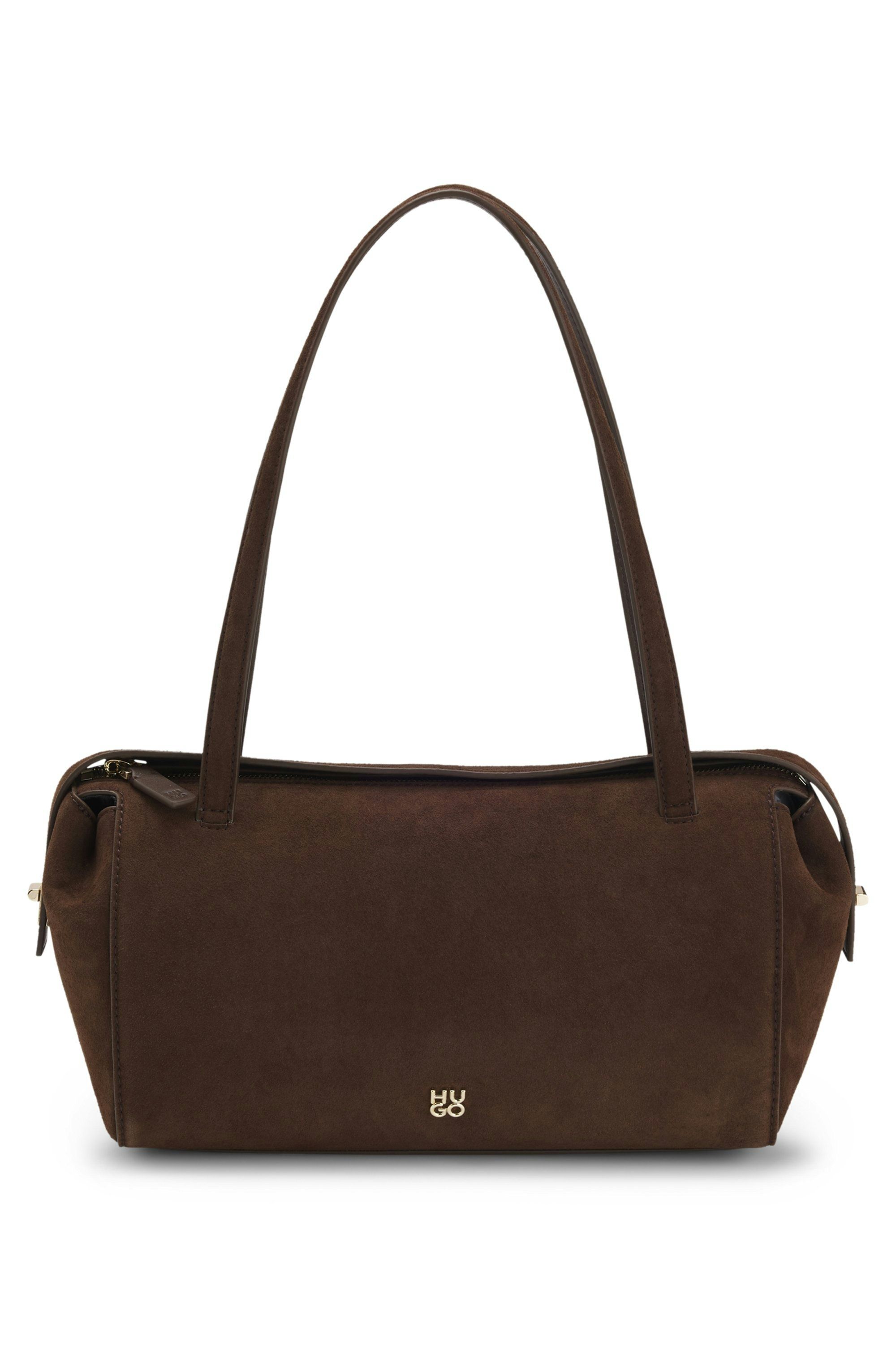 Kabelka z imitace semiše s metalickým logem - Dark Brown