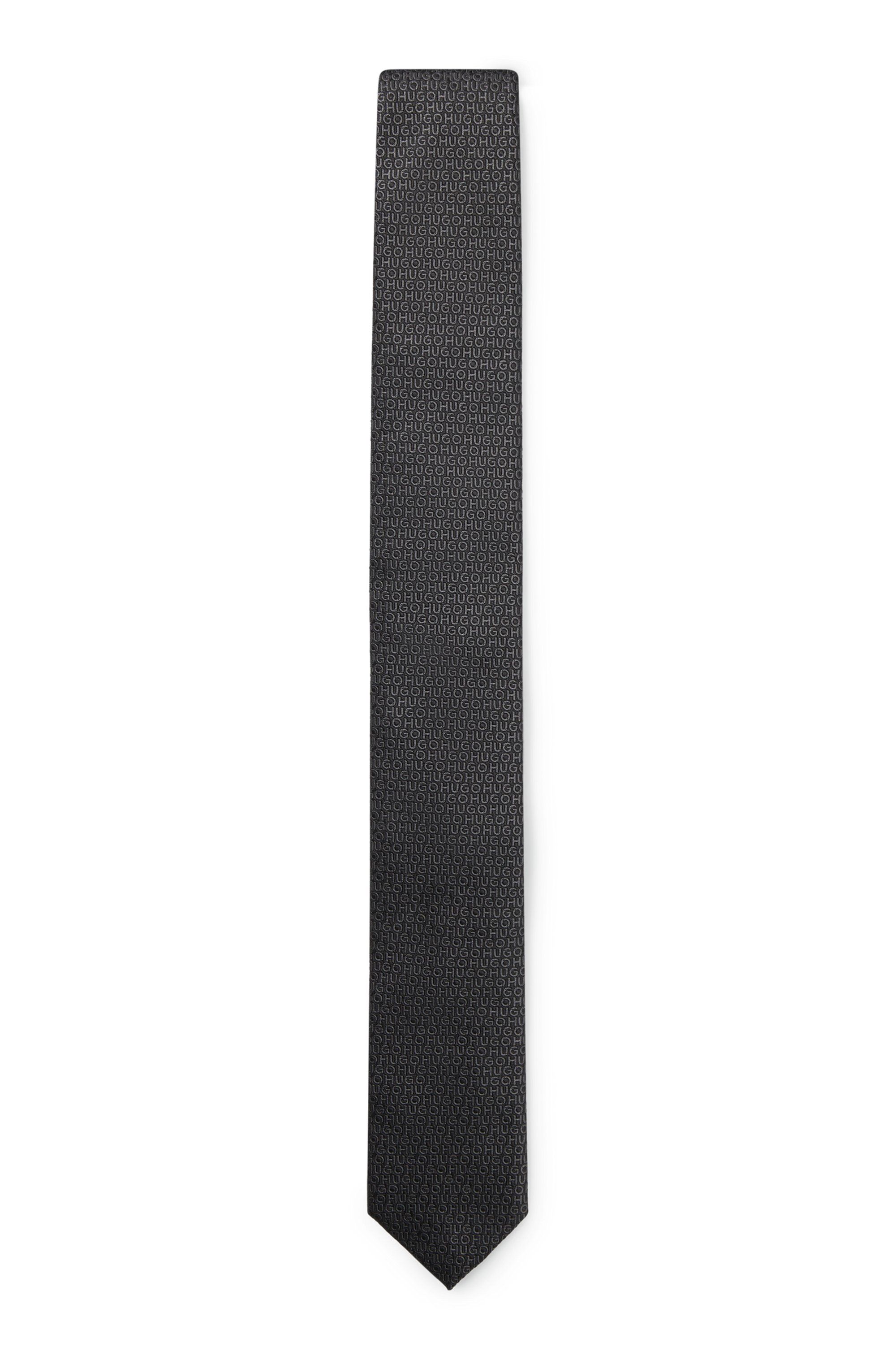 Hedvábná kravata s žakárovým logem - Black