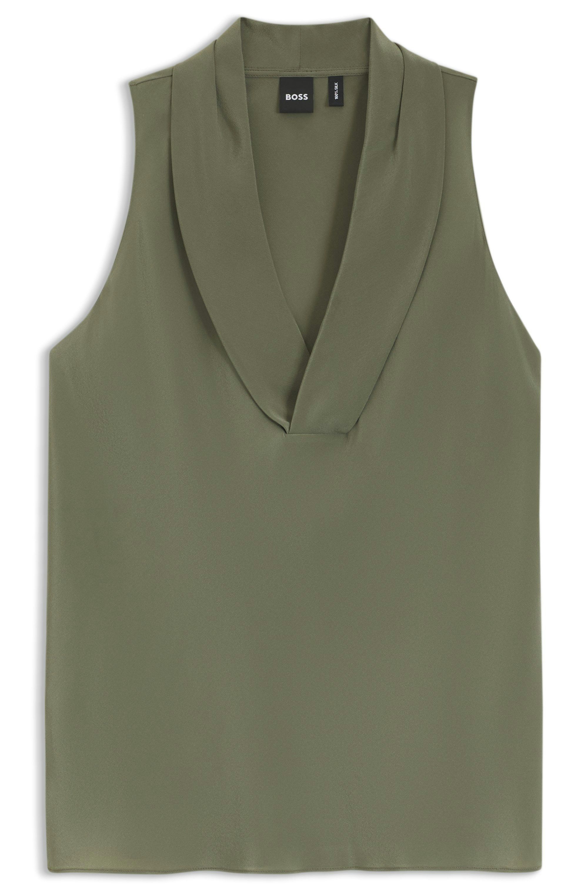Halenka bez rukávů z pískově praného hedvábí zaujme elegantním výstřihem do V - Dark Green