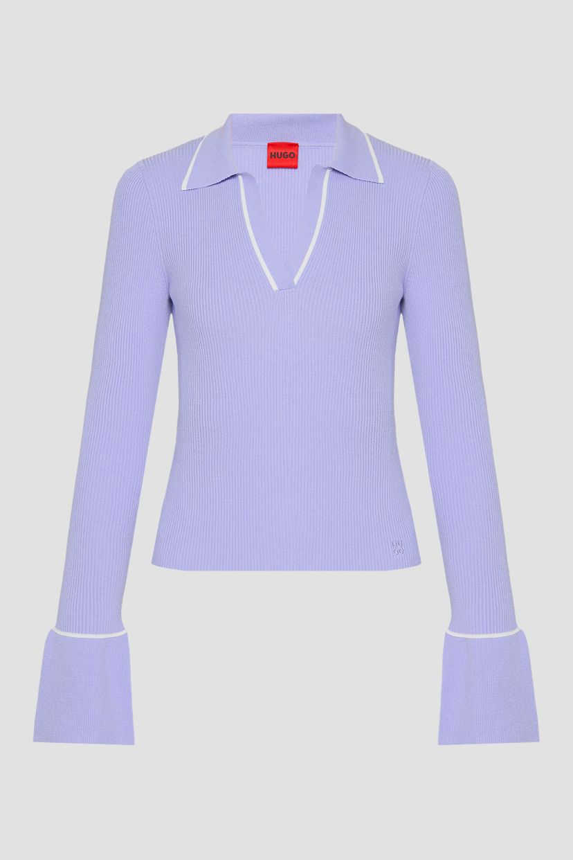Pletený svetr s polo límečkem a kontrastním lemováním - Bright Purple