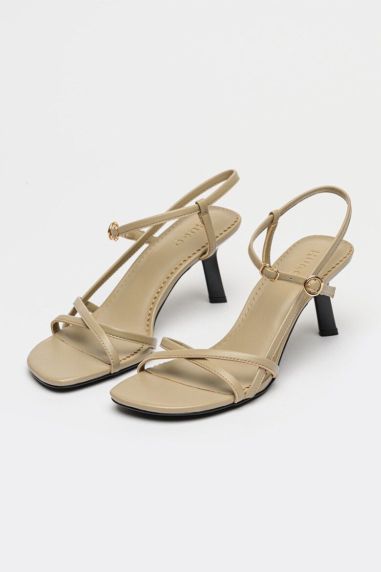 Kožené sandály s pásky a asymetrickým podpatkem - Light/Pastel Brown
