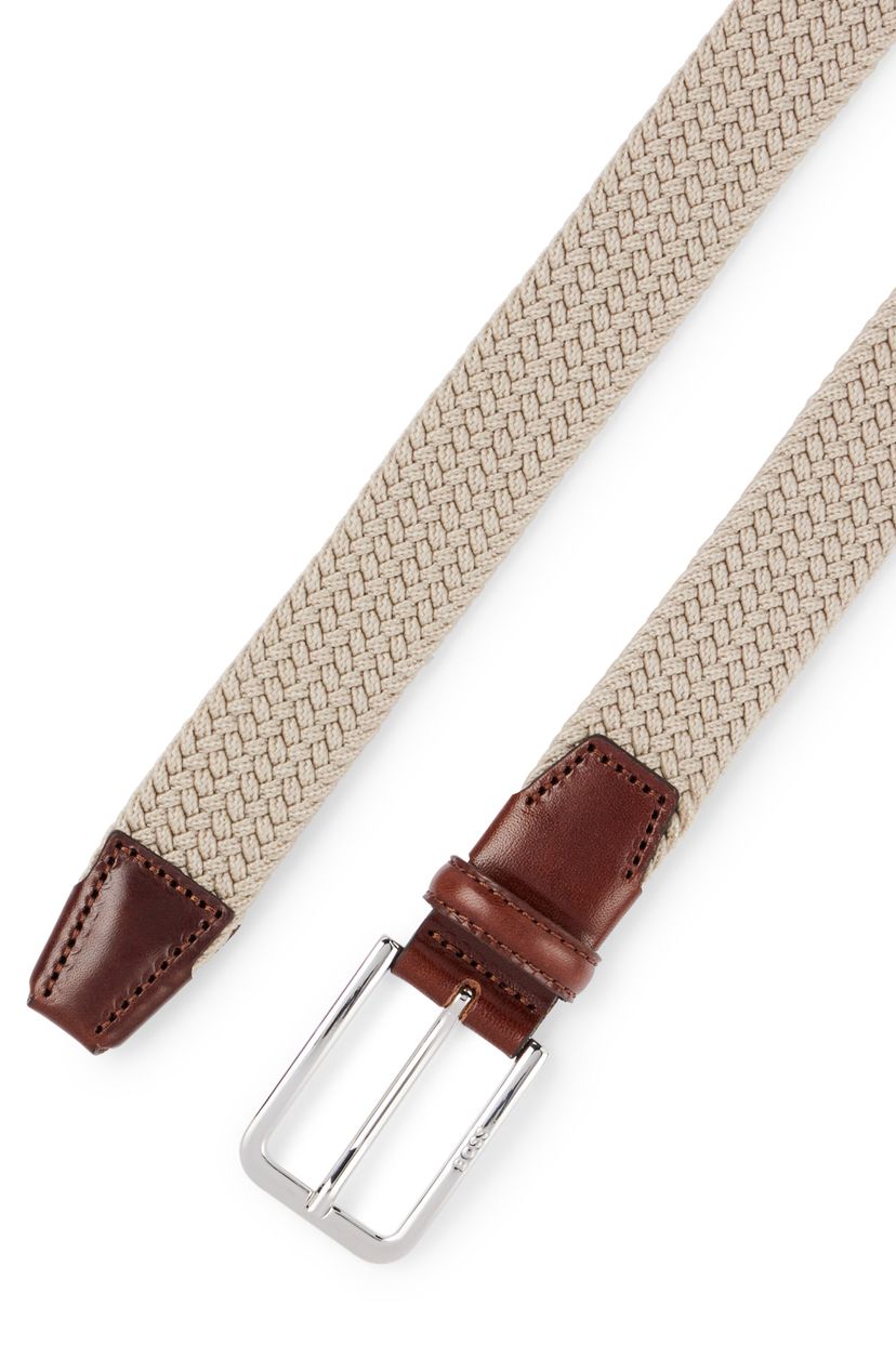Stylový tkaný opasek doplněný koženými detaily - Light Beige - galerie #1