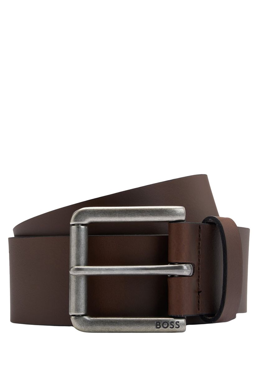 Hladký kožený opasek s rolovací sponou s vyrytým logem - Dark Brown