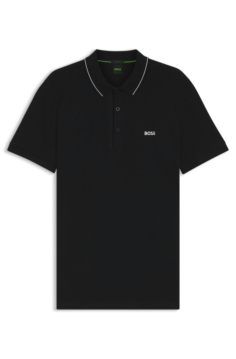 Polotričko slim fit z bavlněného piké s pruhovaným límcem - Black