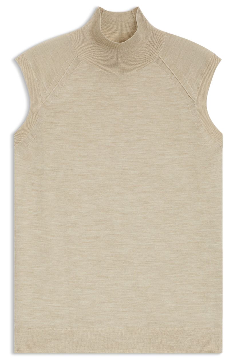 Top bez rukávů z merino vlny s falešným výstřihem - Light Beige