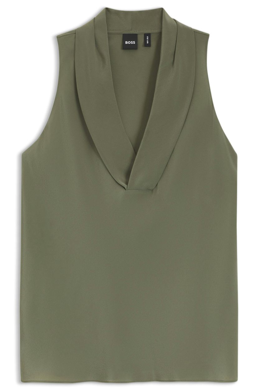 Halenka bez rukávů z pískově praného hedvábí zaujme elegantním výstřihem do V - Dark Green