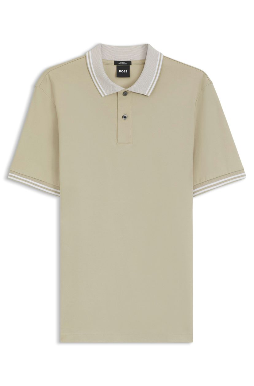 Polotričko slim fit z mercerizované bavlny s pruhovanými lemy - Open Beige