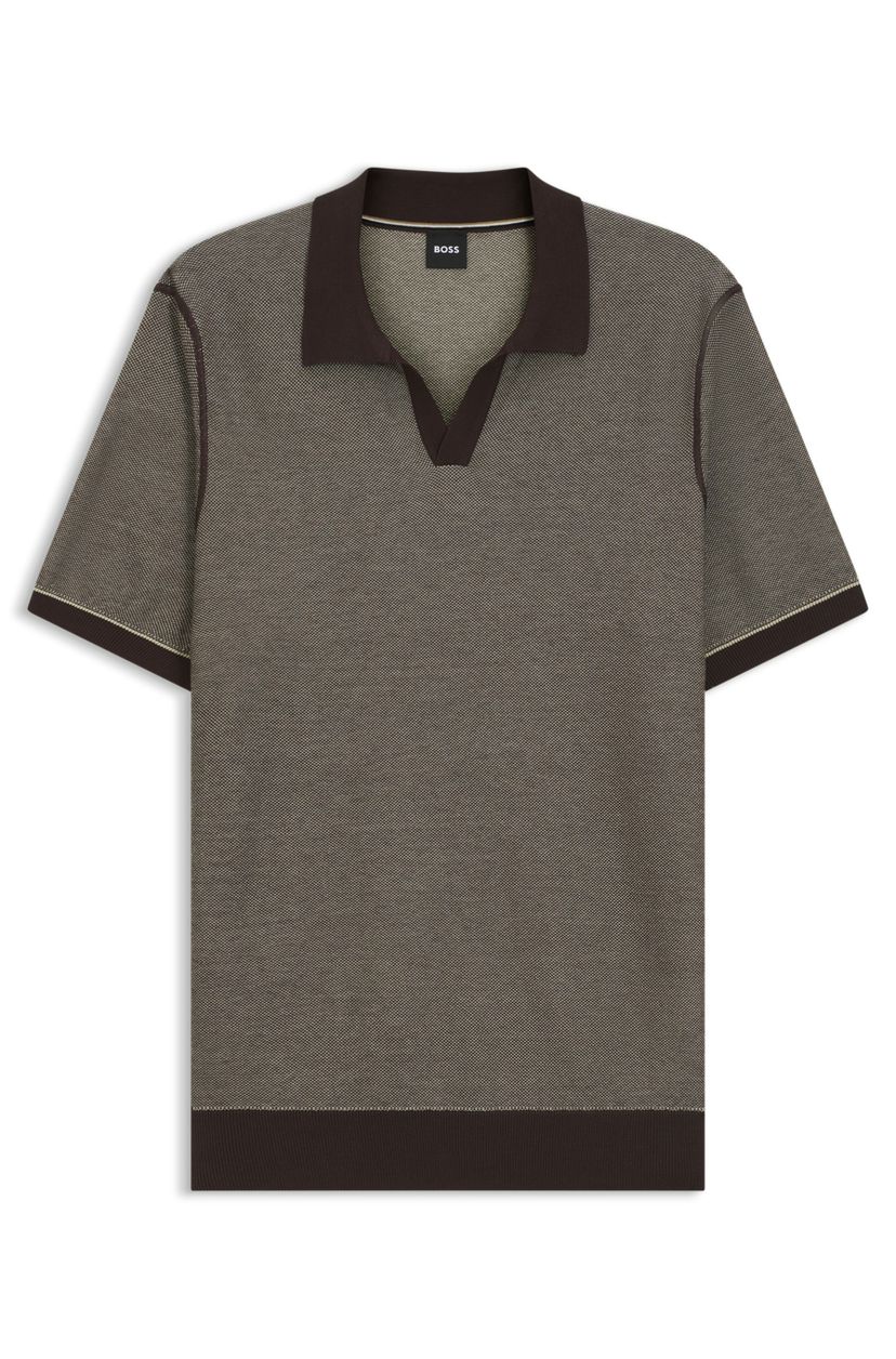 Polo tričko s vodorovným pruhem a pleteným vzorem ze směsi bavlny - Dark Brown