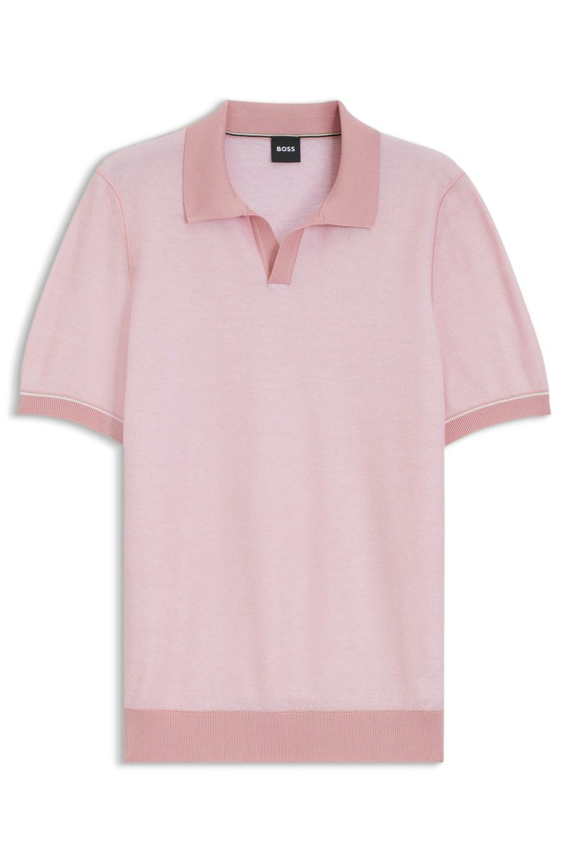 Polo tričko s vodorovným pruhem a pleteným vzorem ze směsi bavlny - Light/Pastel Pink