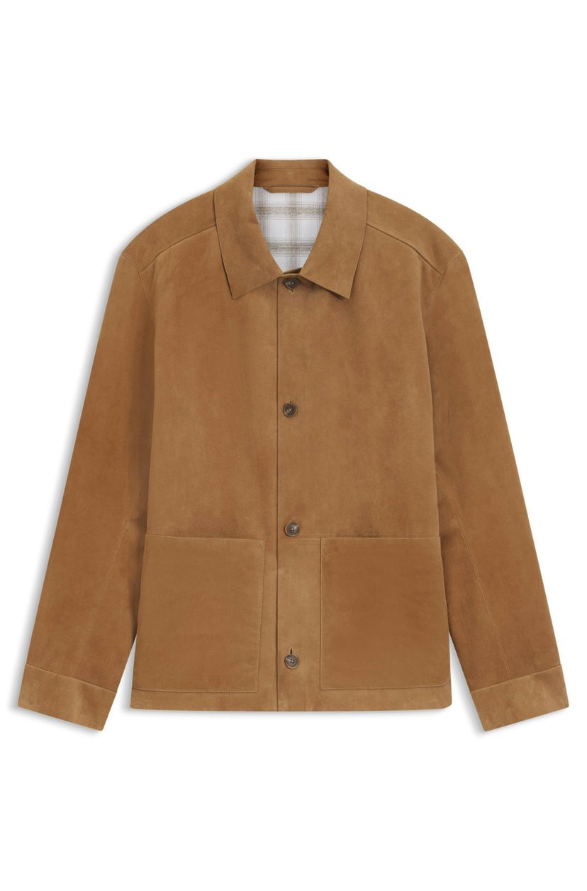 Semišová bunda na knoflíky s kostkovanou podšívkou - Medium Beige