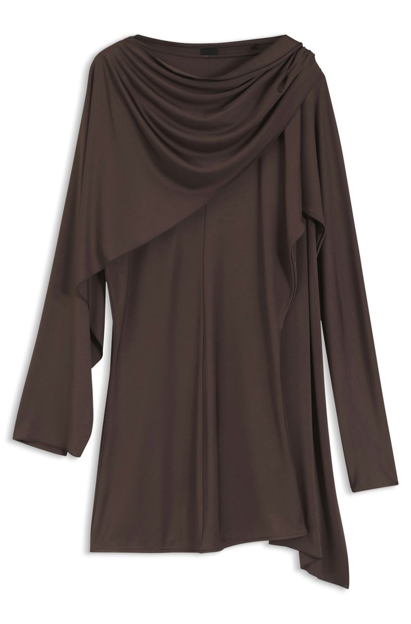 Top s dlouhým rukávem z nařaseného žerzeje s detailem šály - Dark Brown