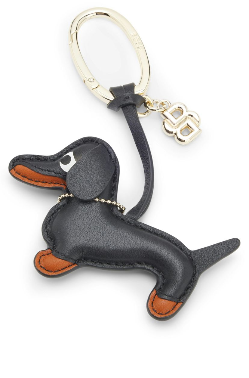 Kožený přívěsek na klíče s motivem jezevčíka a přívěskem s monogramem Double B - Black