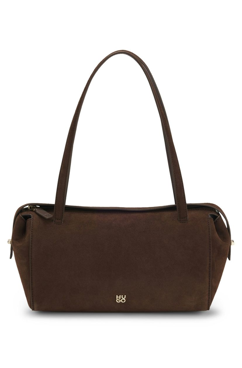 Kabelka z imitace semiše s metalickým logem - Dark Brown